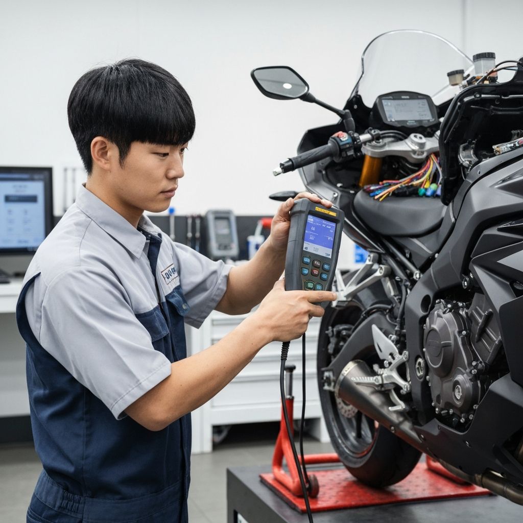 전자 진단 장비로 오토바이를 점검하는 정비사