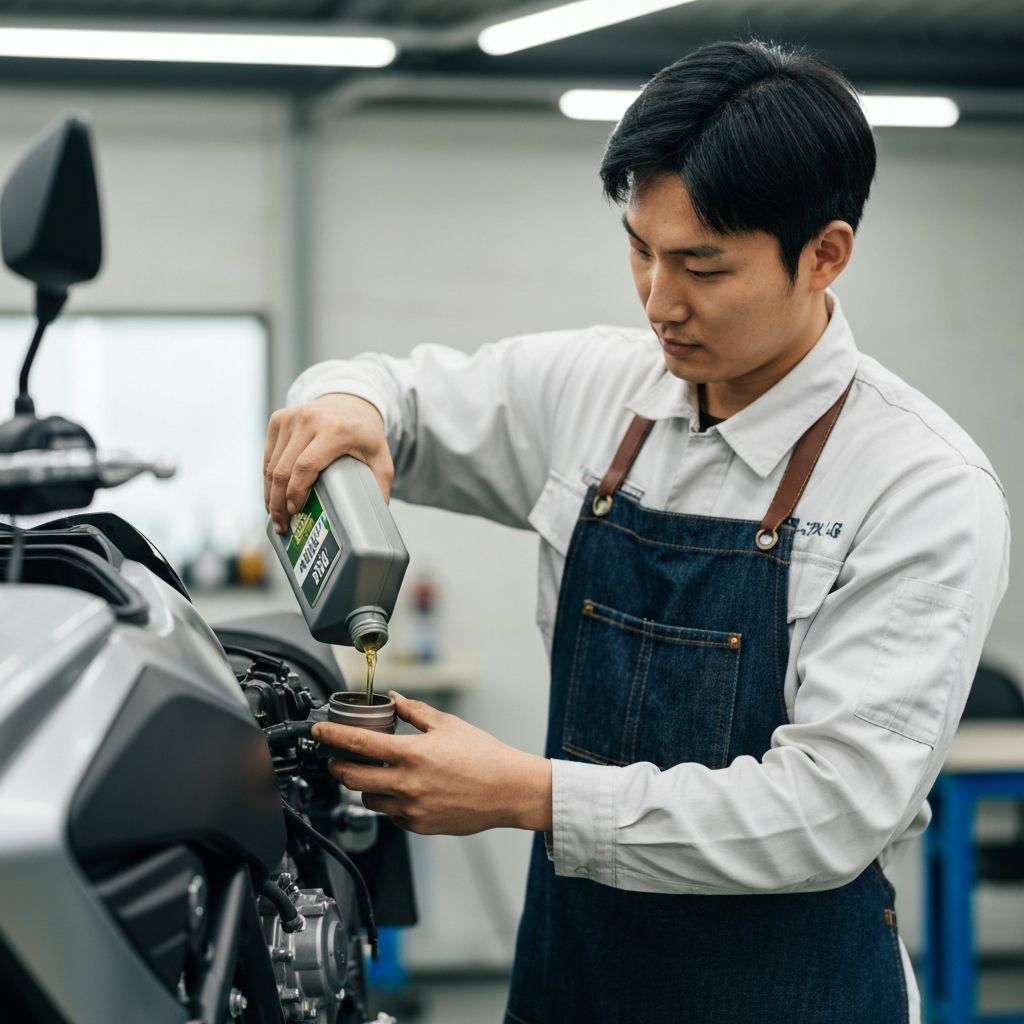 오토바이 오일을 교환하는 정비사