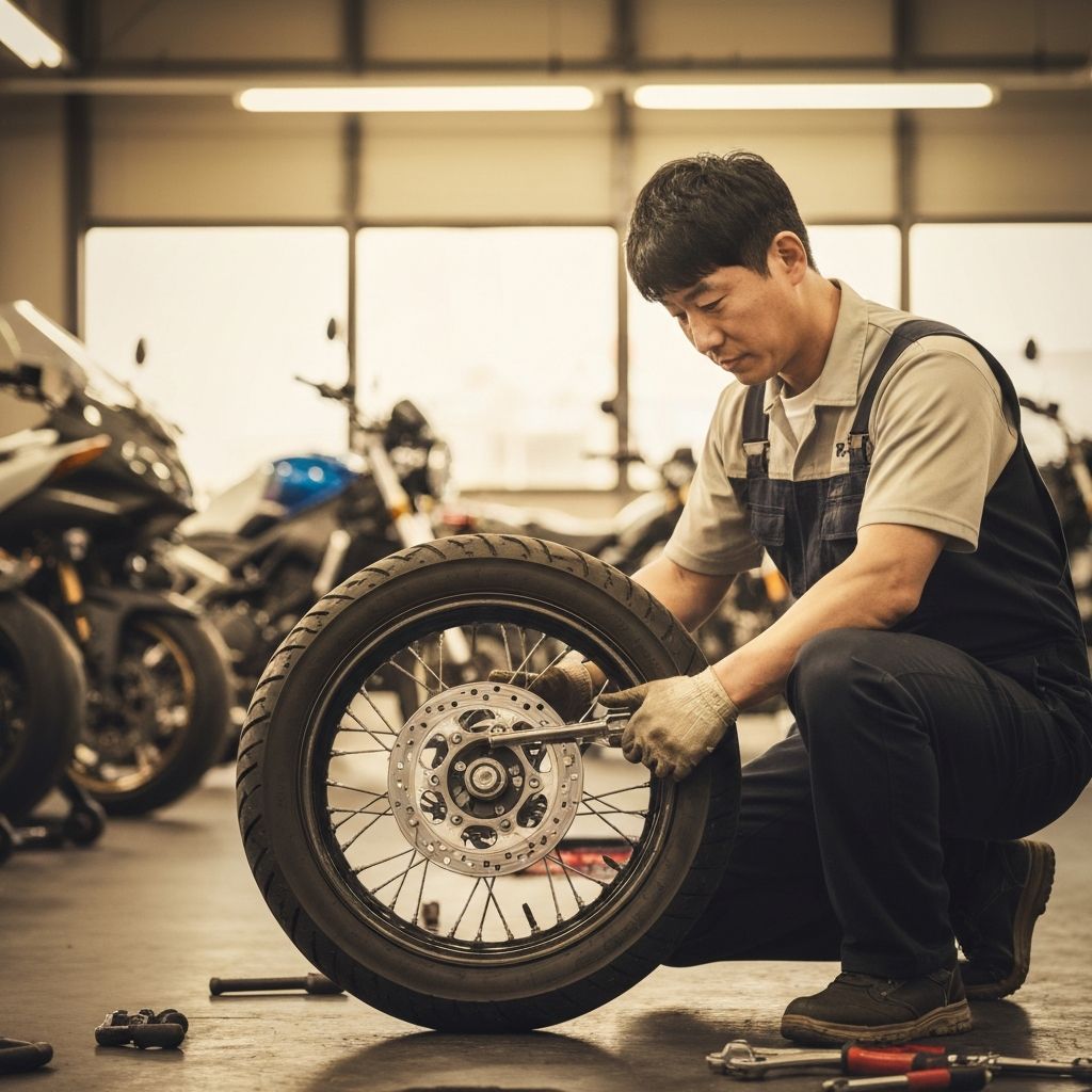 오토바이 타이어를 교체하는 정비사